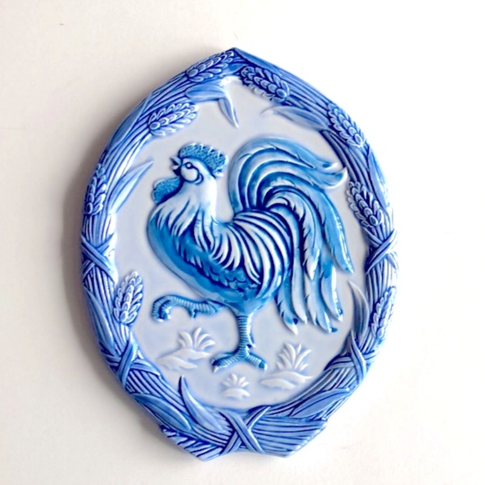Rooster Trivet / Plaque Blue and White Ceramic VTG Japan